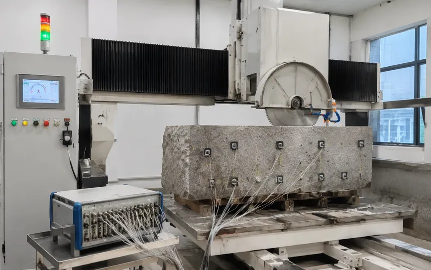 In-house cutting performance test bench with instrumented stone blocks for blade validation