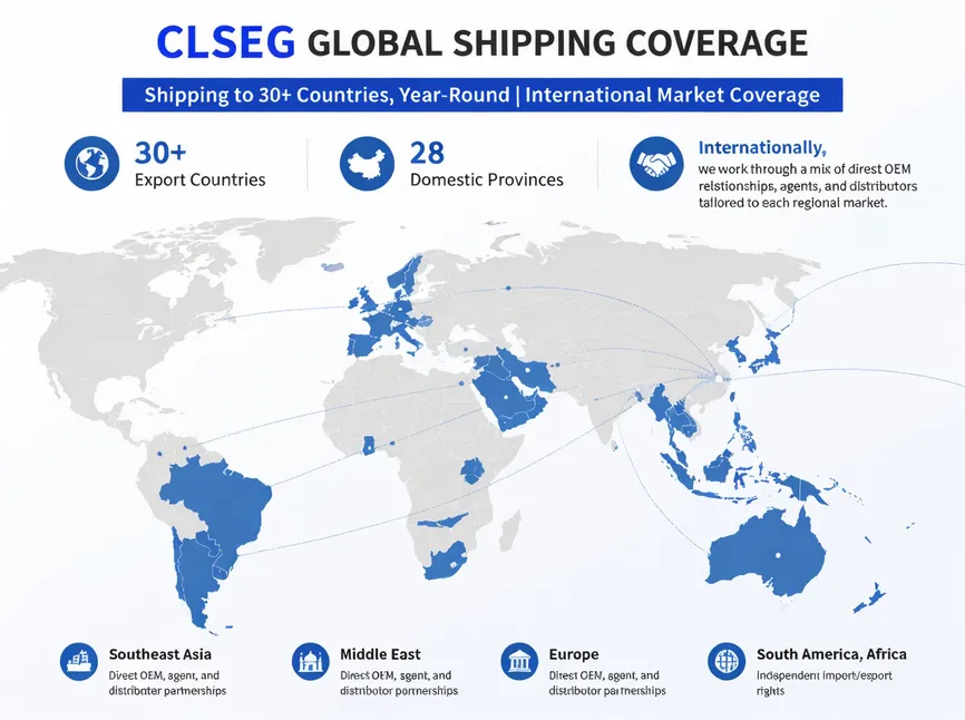 CLSEG global shipping coverage map showing 30+ export destinations across Southeast Asia, Middle East, Europe, South America, and Africa