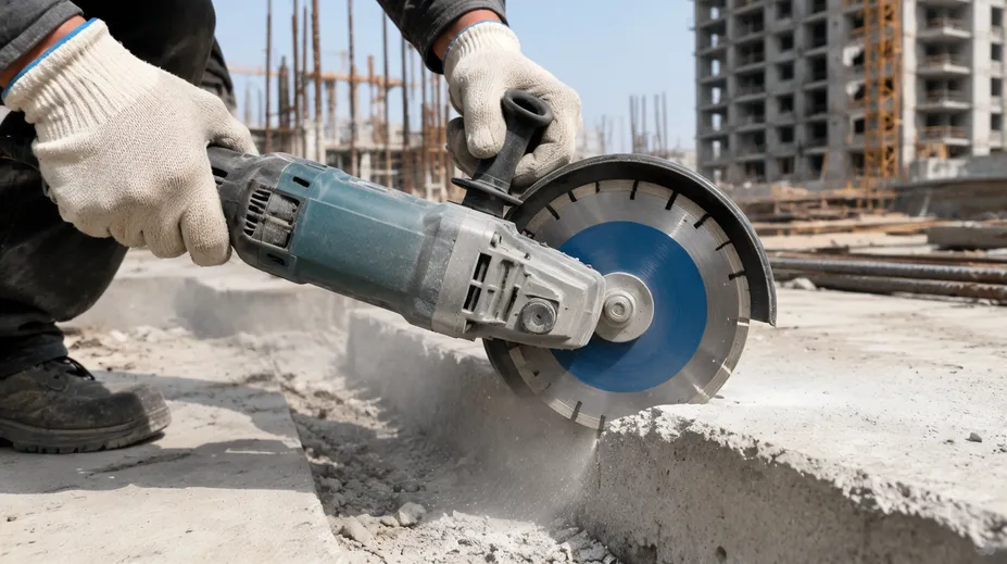 Angle grinder with diamond disc cutting concrete on a construction site