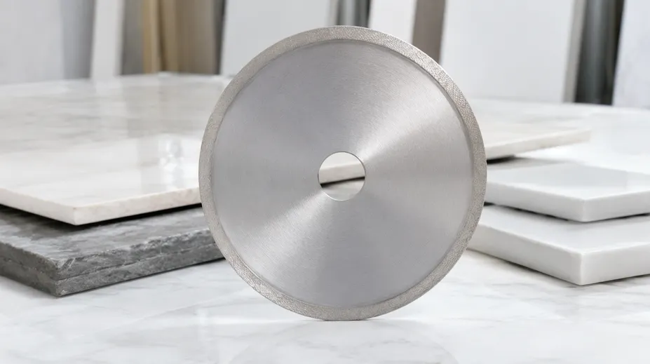 Continuous rim diamond disc with uninterrupted diamond edge for chip-free cuts in tile and marble