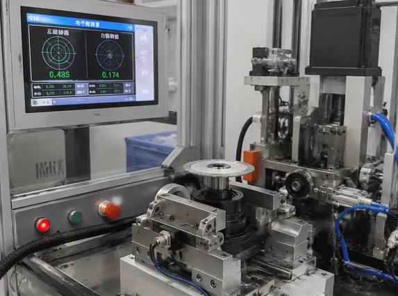 Automated dynamic balancing machine measuring mass distribution on small diamond disc