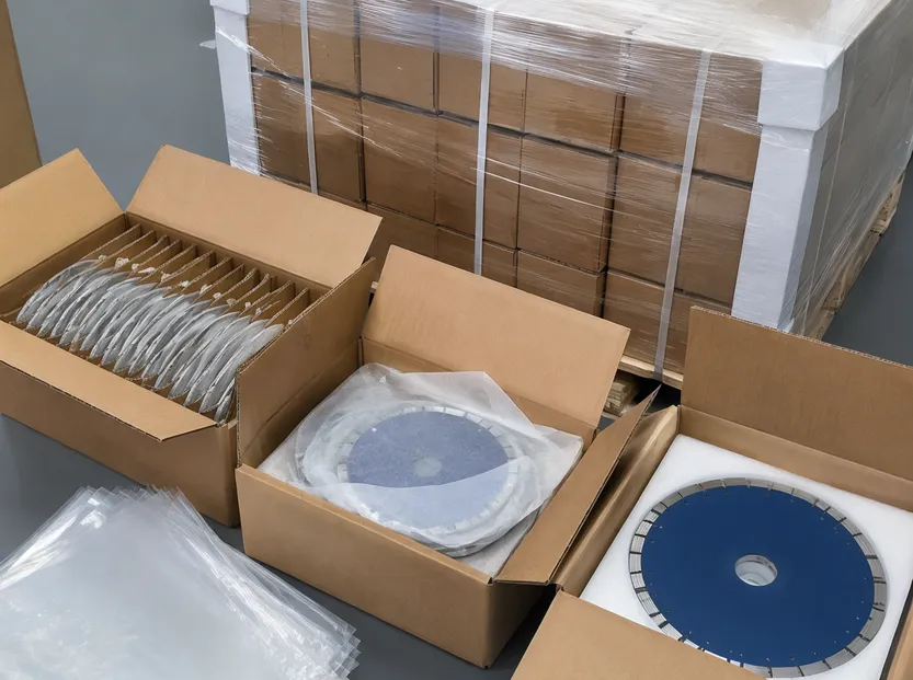 Export packaging for angle grinder diamond discs showing VCI wrap, dividers, and palletized cartons