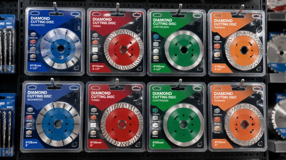 Angle grinder diamond discs in retail blister packs on peg-hook display