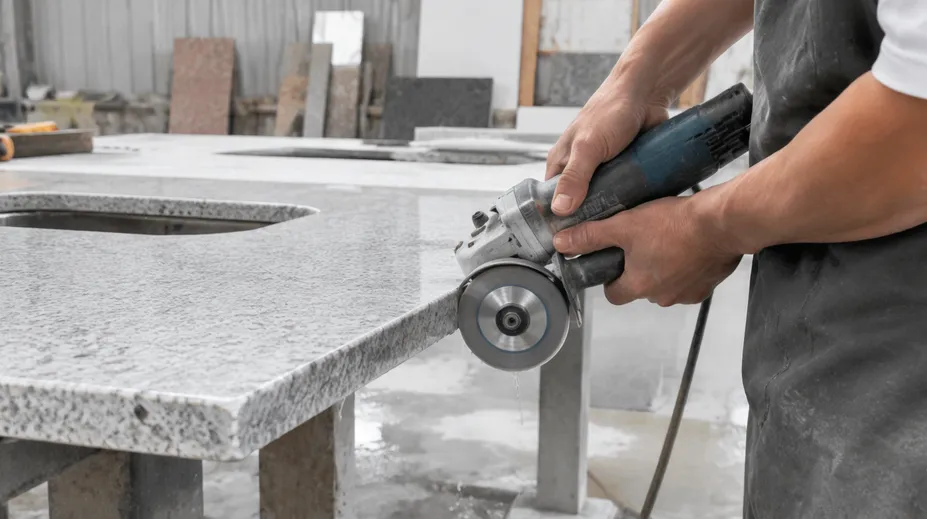 Small workshop cutting granite countertop edge with angle grinder diamond disc