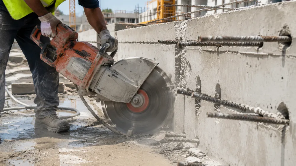 Disc-to-Material Match on Reinforced Concrete Diamond cutting disc slicing through reinforced concrete on an Australian construction site with visible rebar