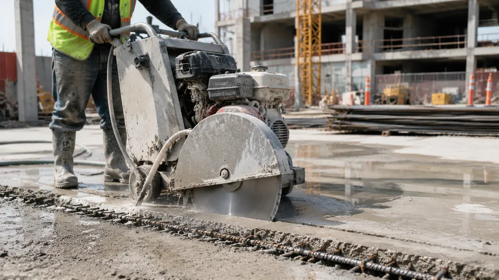 Contractor using a walk-behind saw with a diamond cutting disc to cut a reinforced concrete slab on a construction site