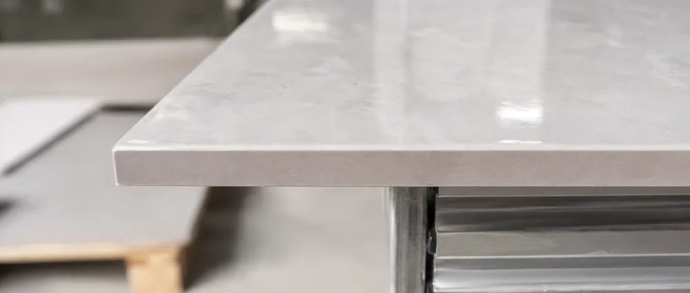 Close-up of chip-free cut edge on porcelain tile produced by ceramic diamond cutting disc