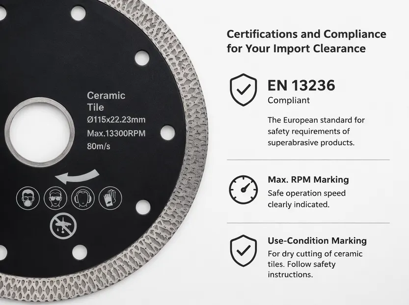 Ceramic tile cutting disc certification labels and compliance markings