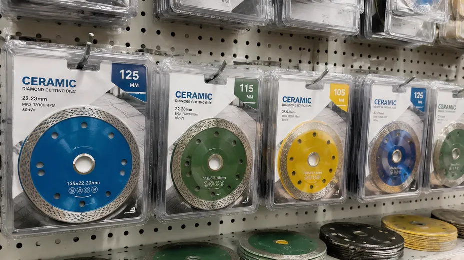 Blister-packed ceramic tile cutting discs on hardware store retail display