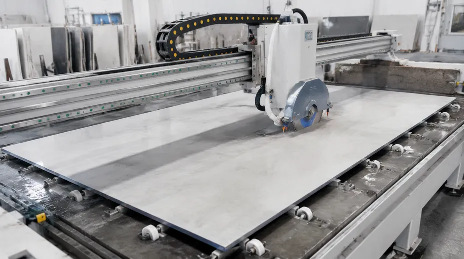 Large format porcelain panel being cut on rail-guided saw in fabrication shop
