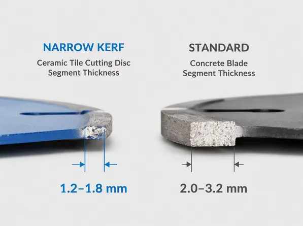 Cross-section comparison showing narrow kerf ceramic tile cutting disc segment versus standard concrete blade segment thickness