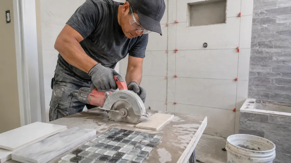 Renovation contractor cutting mixed tile types during bathroom remodel project