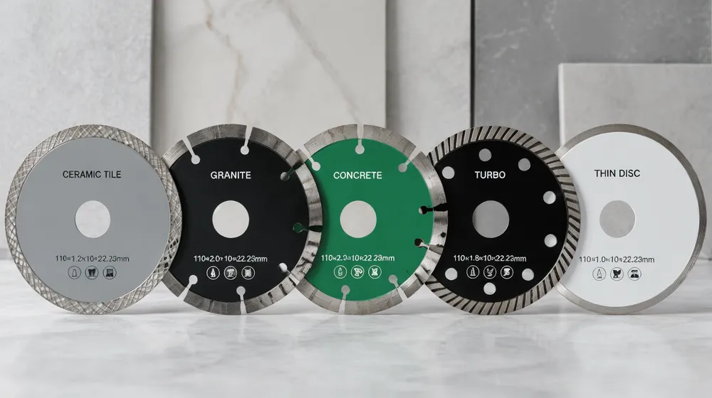 Lineup of CLSEG diamond cutting discs showing ceramic tile blade alongside granite, concrete, turbo, and thin disc variants for visual comparison