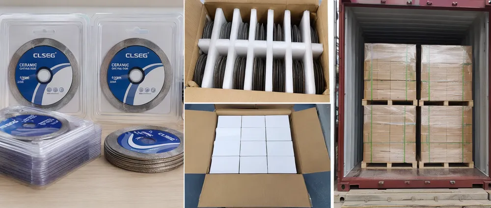 CLSEG ceramic tile cutting disc packaging showing blister packs, bulk boxes with foam separators, and container loading arrangement