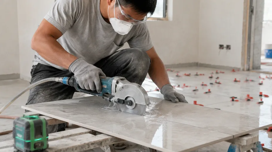 Tile installation contractor cutting porcelain floor tile on jobsite with diamond cutting disc