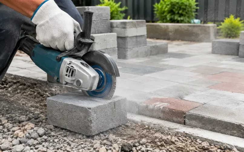 Diamond cutting disc cutting concrete pavers for landscaping hardscape work