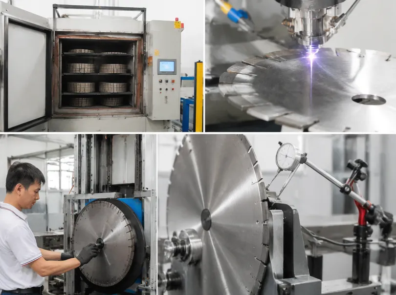 Concrete diamond blade manufacturing process showing segment sintering and laser welding quality control