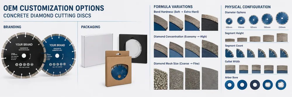 OEM customization options for concrete diamond cutting discs including branding, packaging, and formula variations