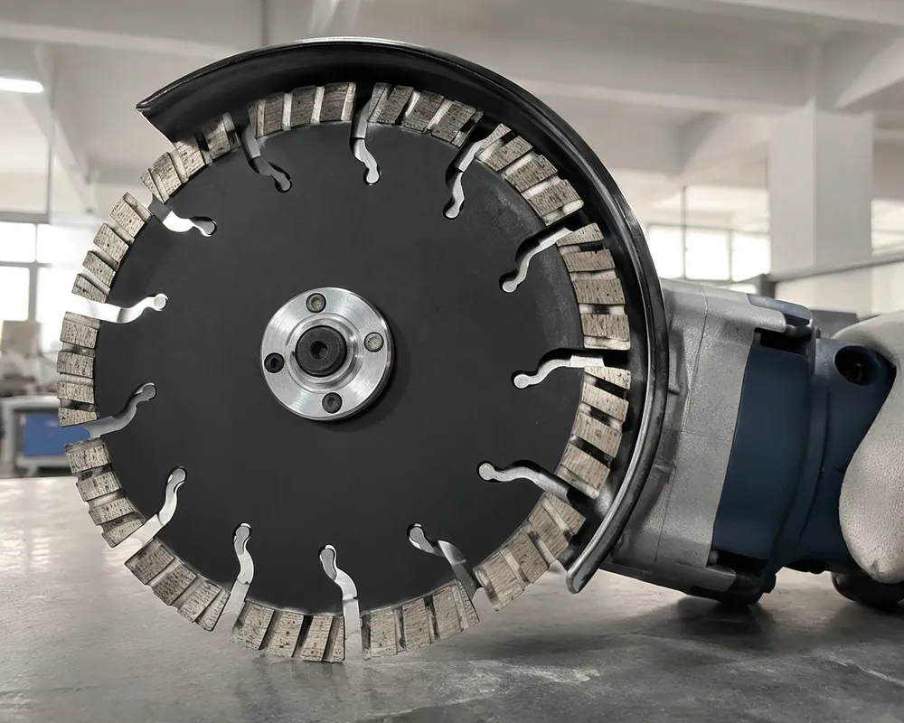 CLSEG dry cut diamond blade with laser-welded segments, showing airflow gullet geometry on angle grinder