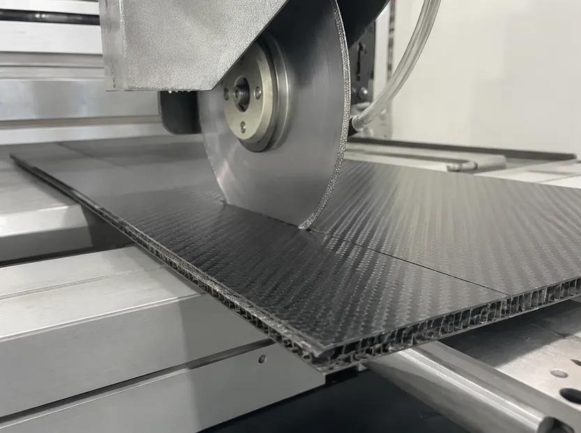 Electroplated diamond blade cutting carbon fiber reinforced polymer panel without delamination