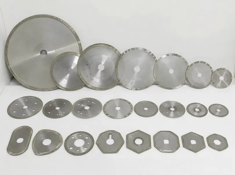 Electroplated diamond blade customization options showing various diameters, rim configurations, and core shapes