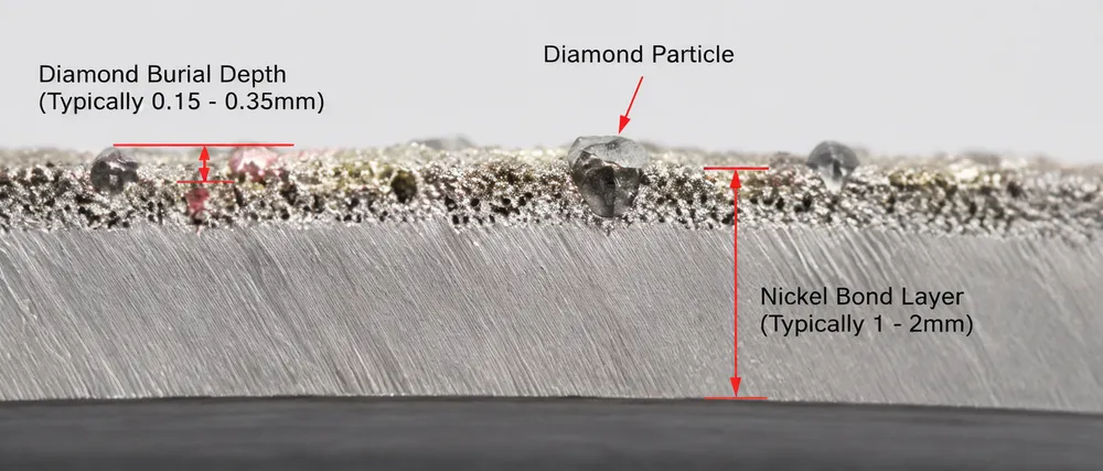Cross-section view showing nickel bond layer and diamond burial depth on an electroplated diamond blade