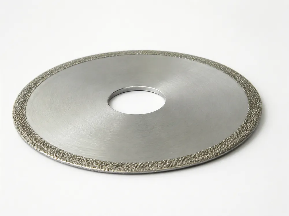 Electroplated diamond blade showing single-layer nickel-bonded diamond crystals on thin steel core