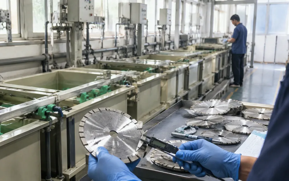 In-house electroplating production line for diamond blade manufacturing showing nickel bath and quality inspection stations