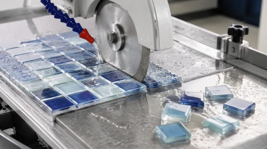 Electroplated diamond blade cutting glass mosaic tiles with clean edges and minimal chipping