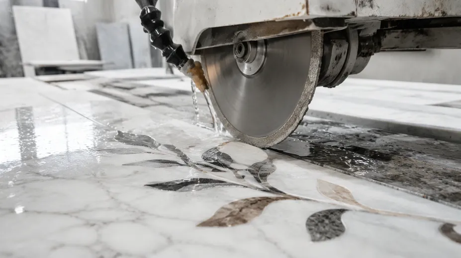 Electroplated diamond blade cutting thin natural stone veneer for luxury interior inlay work