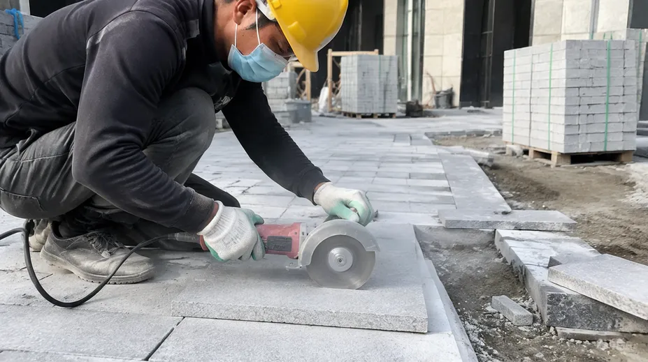 Construction contractor using angle grinder on granite paving stones at outdoor job site