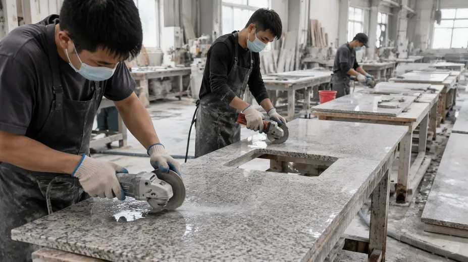 Stone fabrication shop with multiple angle grinders cutting granite countertop material