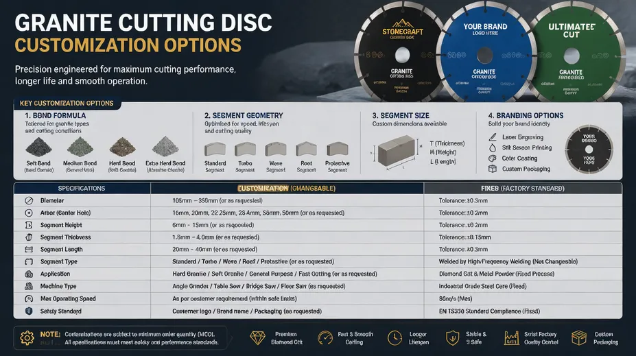 Granite cutting disc customization options including bond formula, segment geometry, and branding