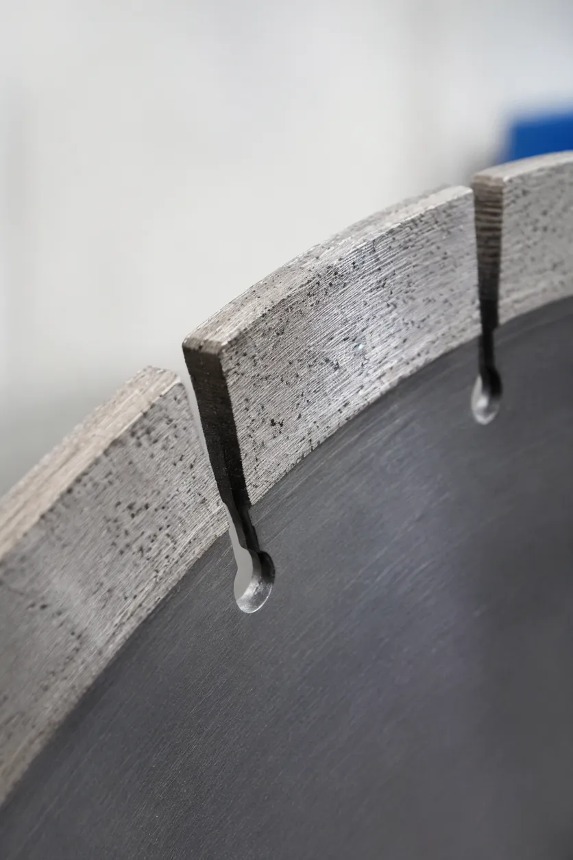 Close-up of diamond segment bond matrix showing controlled erosion pattern on granite cutting disc