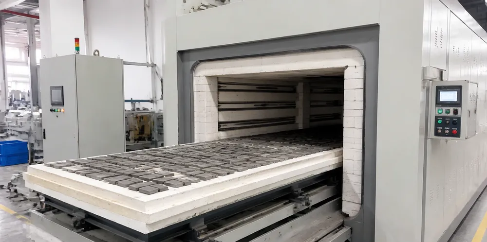 Programmable sintering furnace processing granite diamond cutting disc segments in CLSEG manufacturing facility