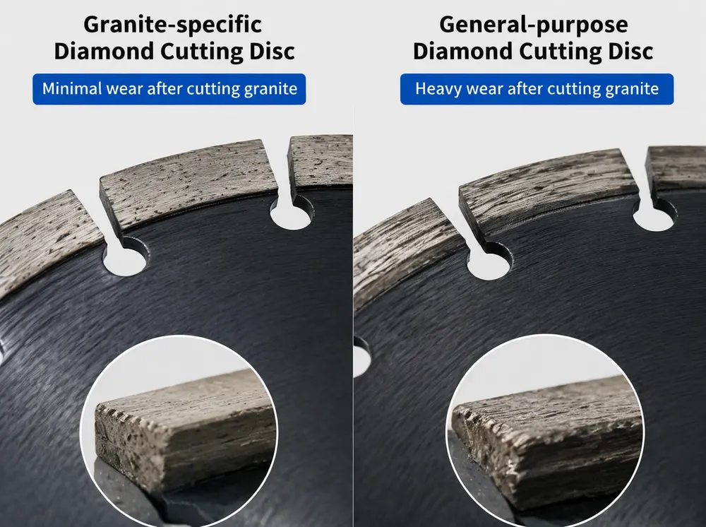Granite-specific diamond cutting disc vs general-purpose disc showing segment wear difference