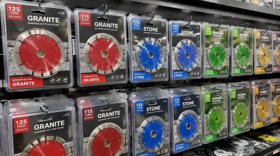 Retail shelf display with blister-packed granite-specific diamond cutting discs in branded packaging