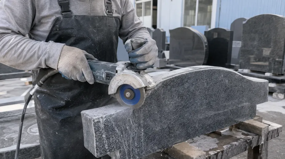 Stonemason shaping granite monument with turbo rim diamond disc for precision edge quality