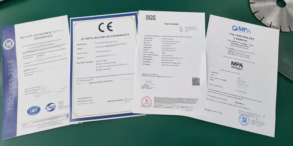 CLSEG diamond blade certifications including ISO 9001, CE, SGS, and MPA documentation spread on inspection table