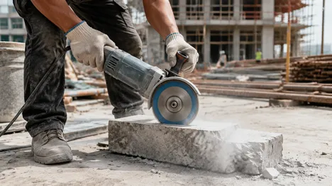 Construction contractor cutting concrete with angle grinder and diamond disc on job site