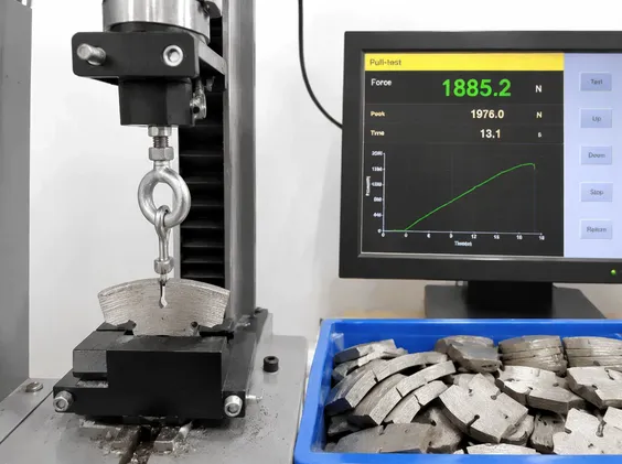 Destructive pull-test sampling on diamond blade segments measuring weld shear force