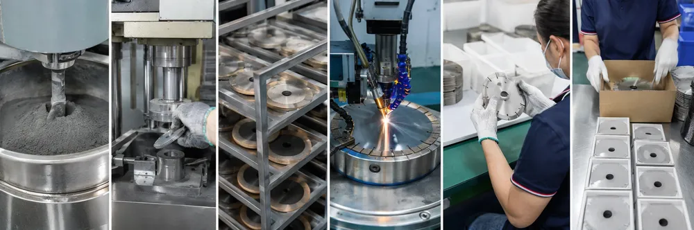 Diamond blade manufacturing process — from powder mixing through sintering, welding, and quality control inspection