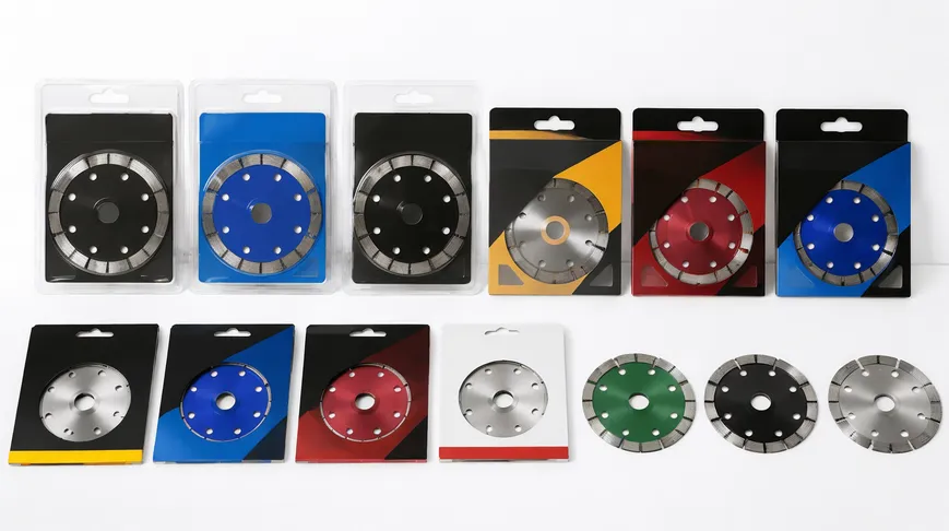 Custom branded diamond blades with private label packaging variants including blister packs and printed cards