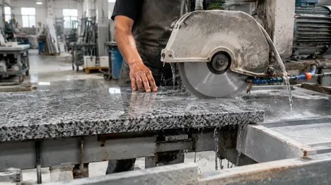 Stone fabrication workshop cutting granite countertop with diamond disc