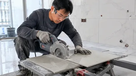 Tile installer making precision cut on porcelain tile with continuous rim diamond blade