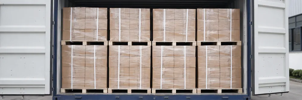 Palletized export cartons of segmented diamond cutting discs loaded into shipping container