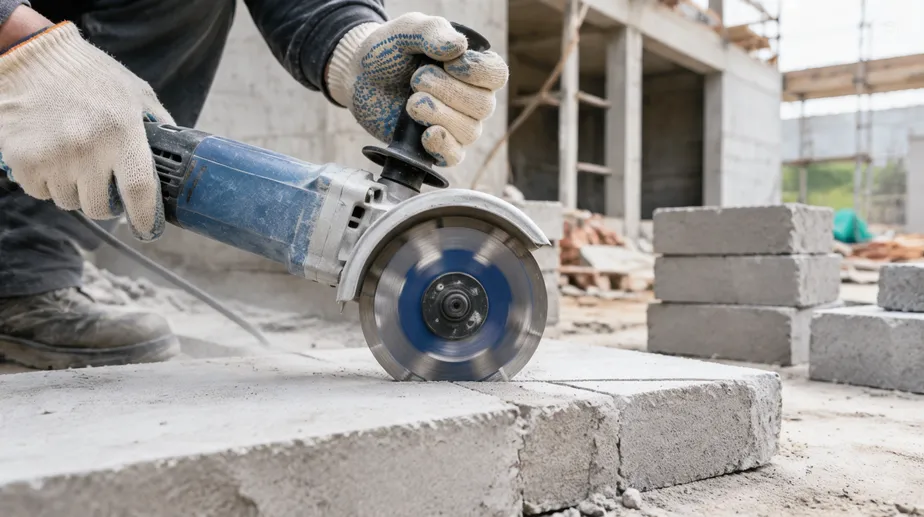 Segmented diamond disc cutting concrete on construction job site