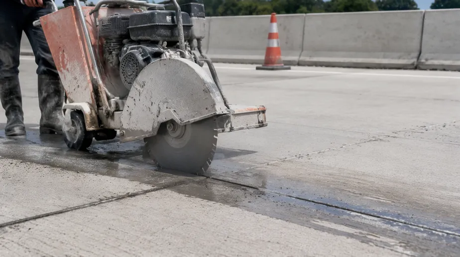 Large segmented diamond disc cutting expansion joints in highway concrete