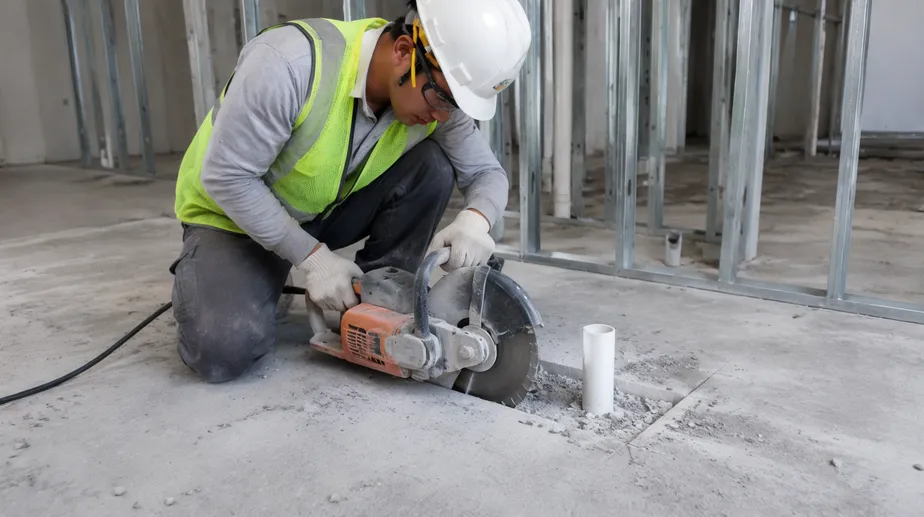 Contractor cutting concrete floor opening for plumbing pipe access
