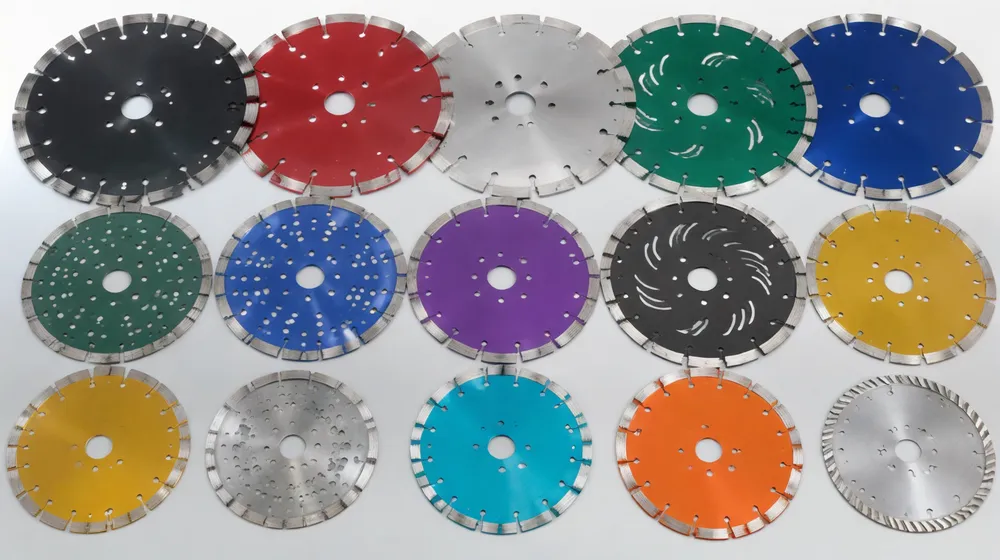 Segmented diamond blade OEM customization showing laser-etched branding, custom core colors, and varied segment geometries